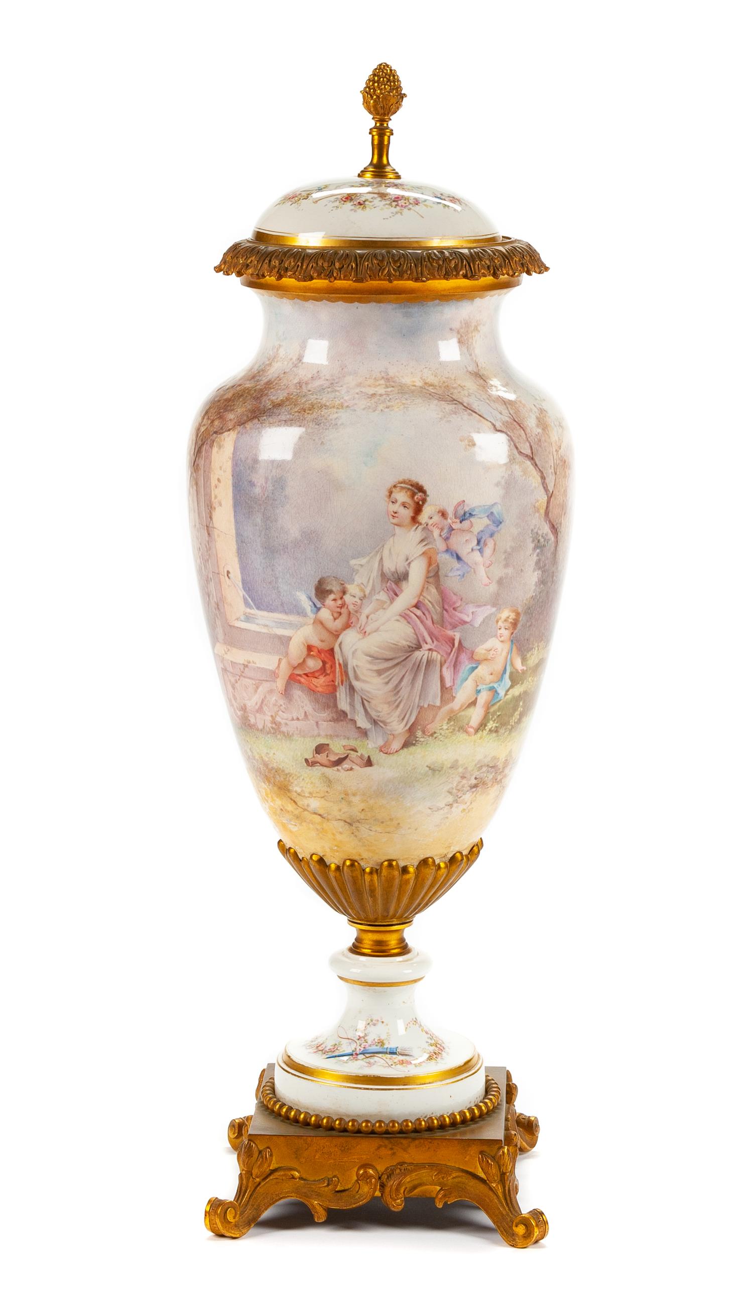 A Sevres Style Gilt Bronze Mounted Porcelain Vase and Cover Height 29 inches. — 19TH CENTURY