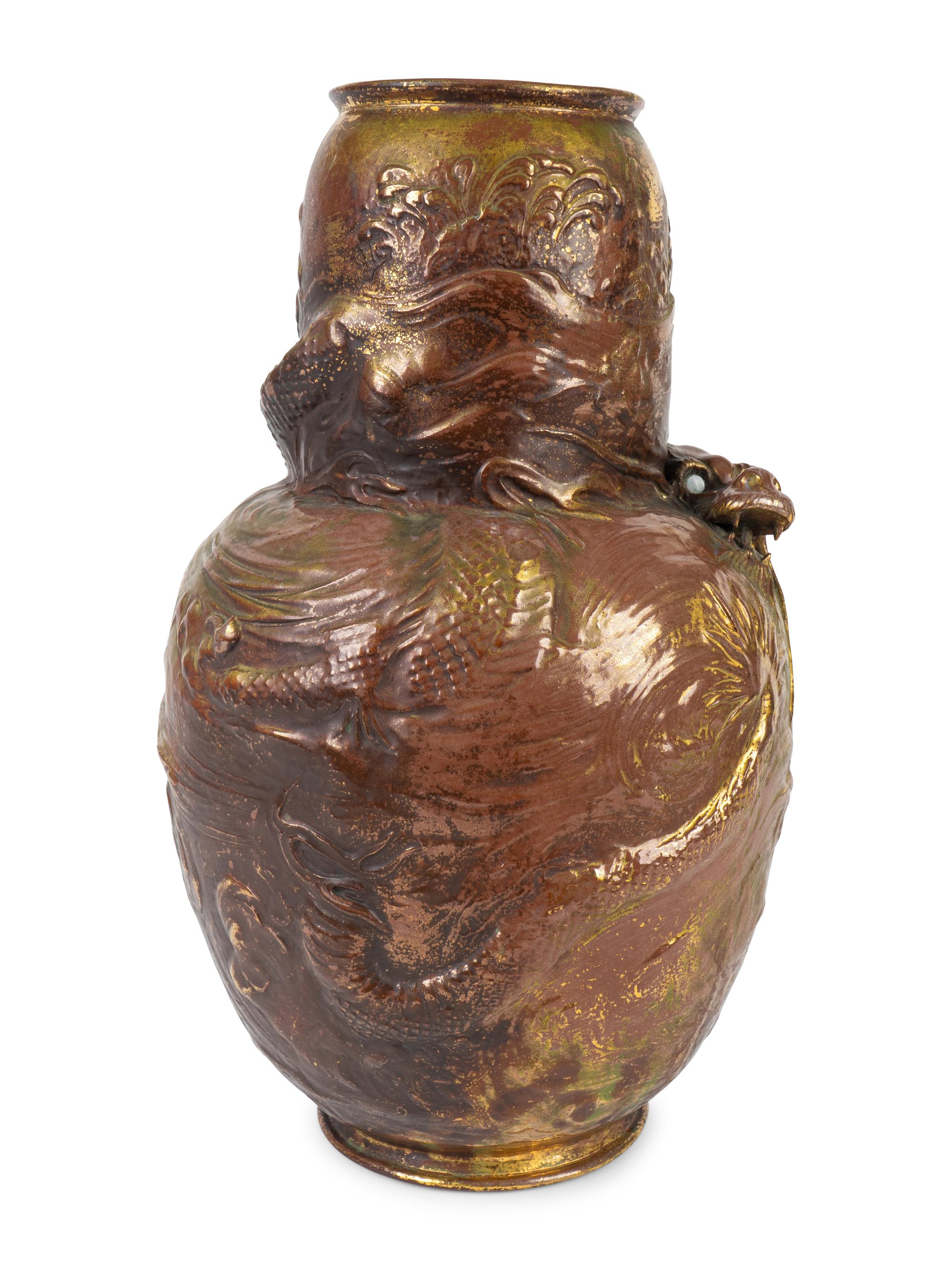 A Large Bretby Pottery Golden Dragon Vase — LATE 19TH CENTURY