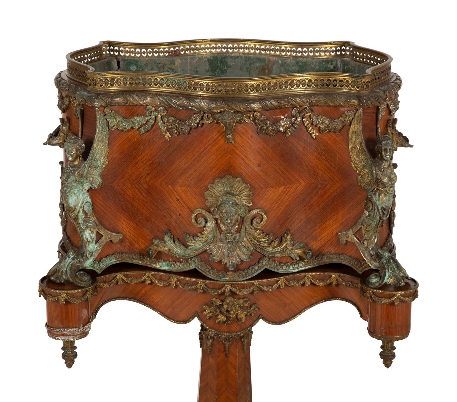 A Napoleon III Gilt Metal Mounted Kingwood Jardinière and Stand