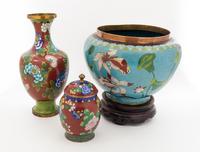 A Group of Three Cloisonne Articles Height of first 12 3/4 inches.