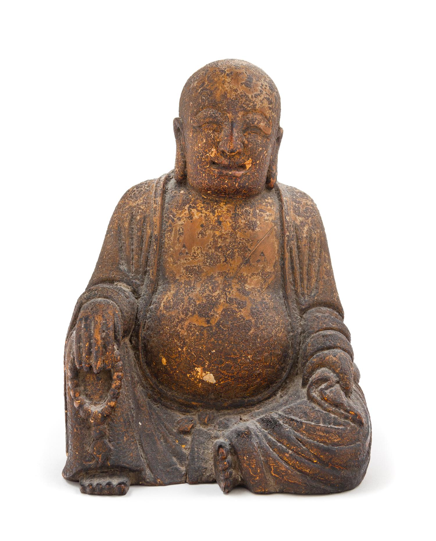 A Chinese Carved Wood Figure of Laughing Buddha Height 8 1/2 inches. — 19TH CENTURY