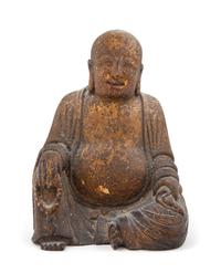 A Chinese Carved Wood Figure of Laughing Buddha Height 8 1/2 inches. — 19TH CENTURY