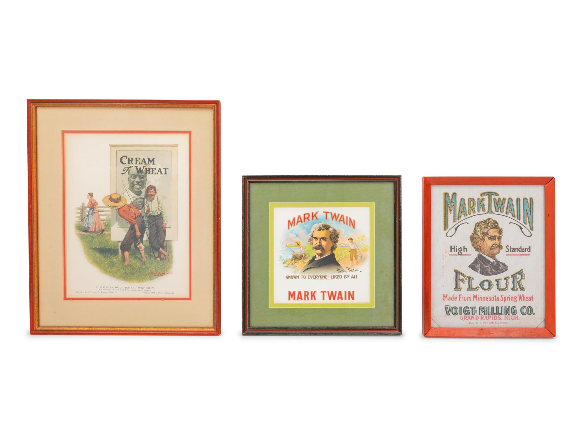 Three Mark Twain-Themed Framed Advertising Articles