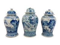 Three Chinese Blue and White Porcelain Baluster Lidded Jars — 20TH CENTURY