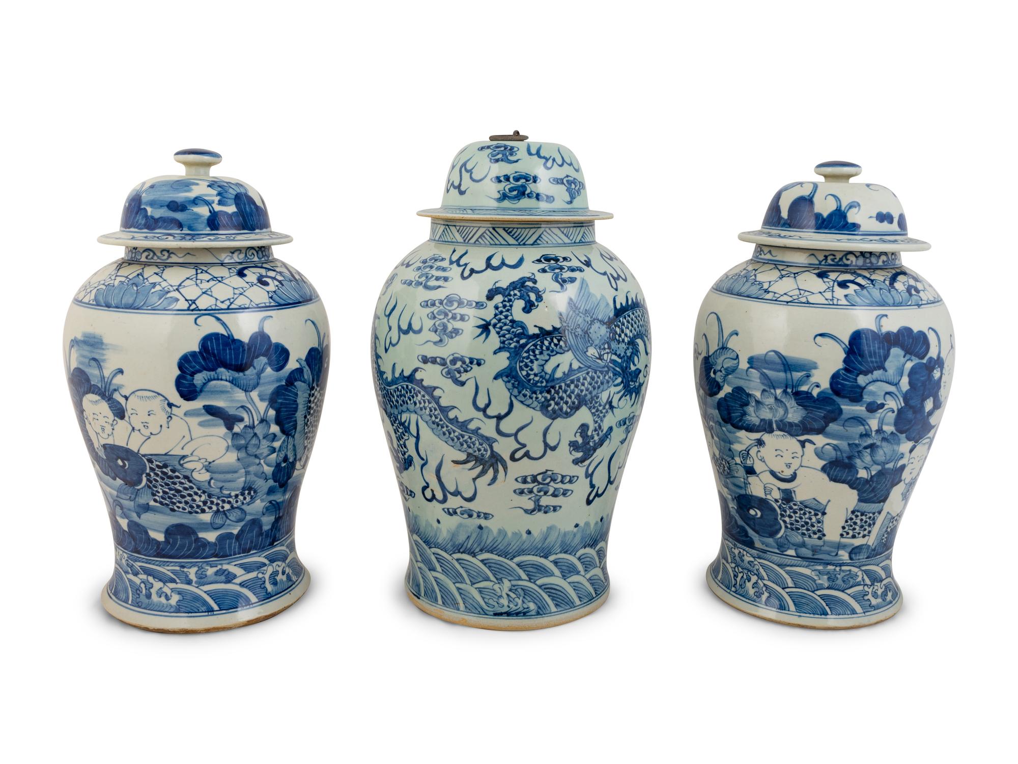 Three Chinese Blue and White Porcelain Baluster Lidded Jars — 20TH CENTURY