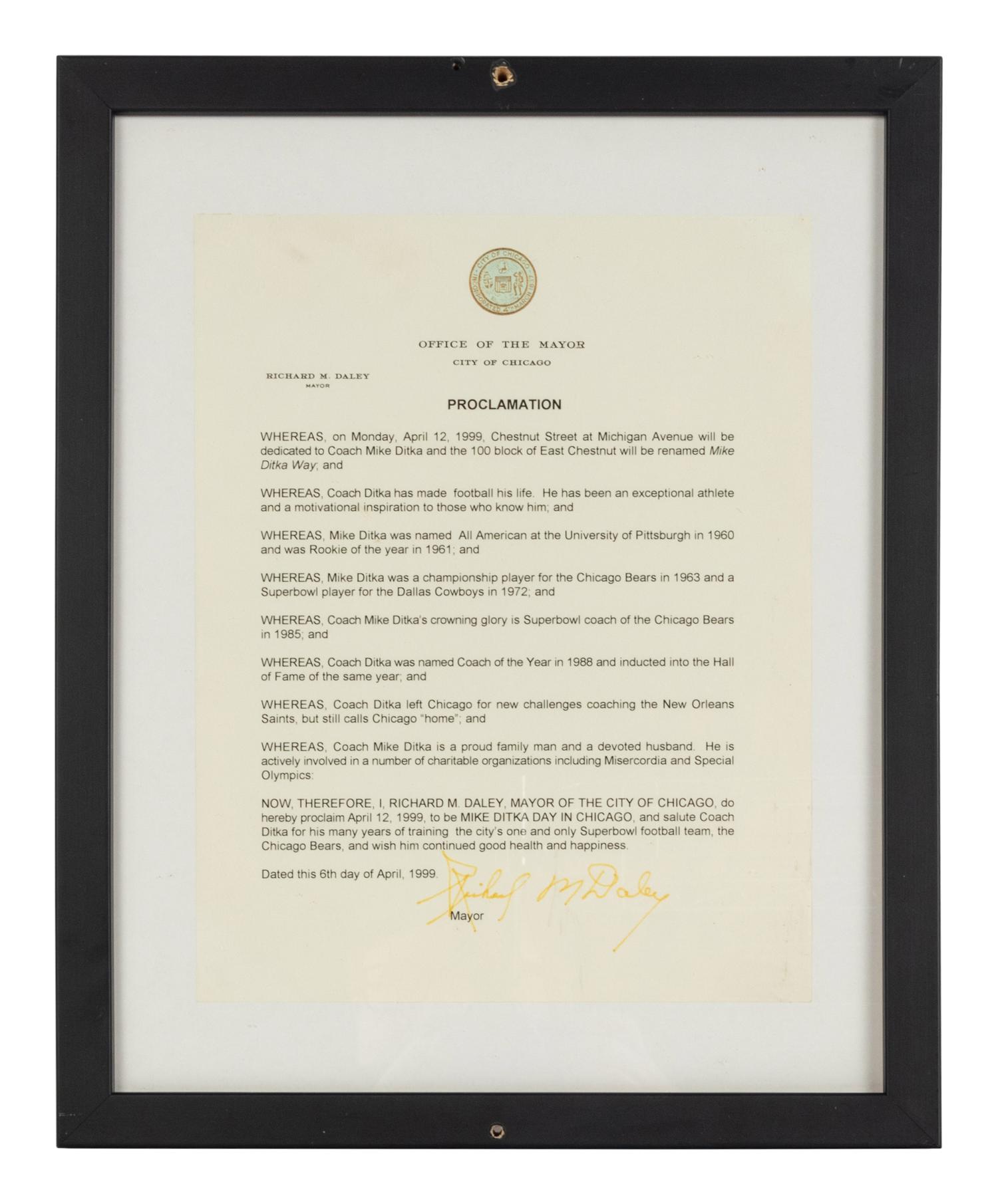 An Iron Mike Ditka Day Proclamation Formerly Displayed at Mike Ditka's Restaurant
