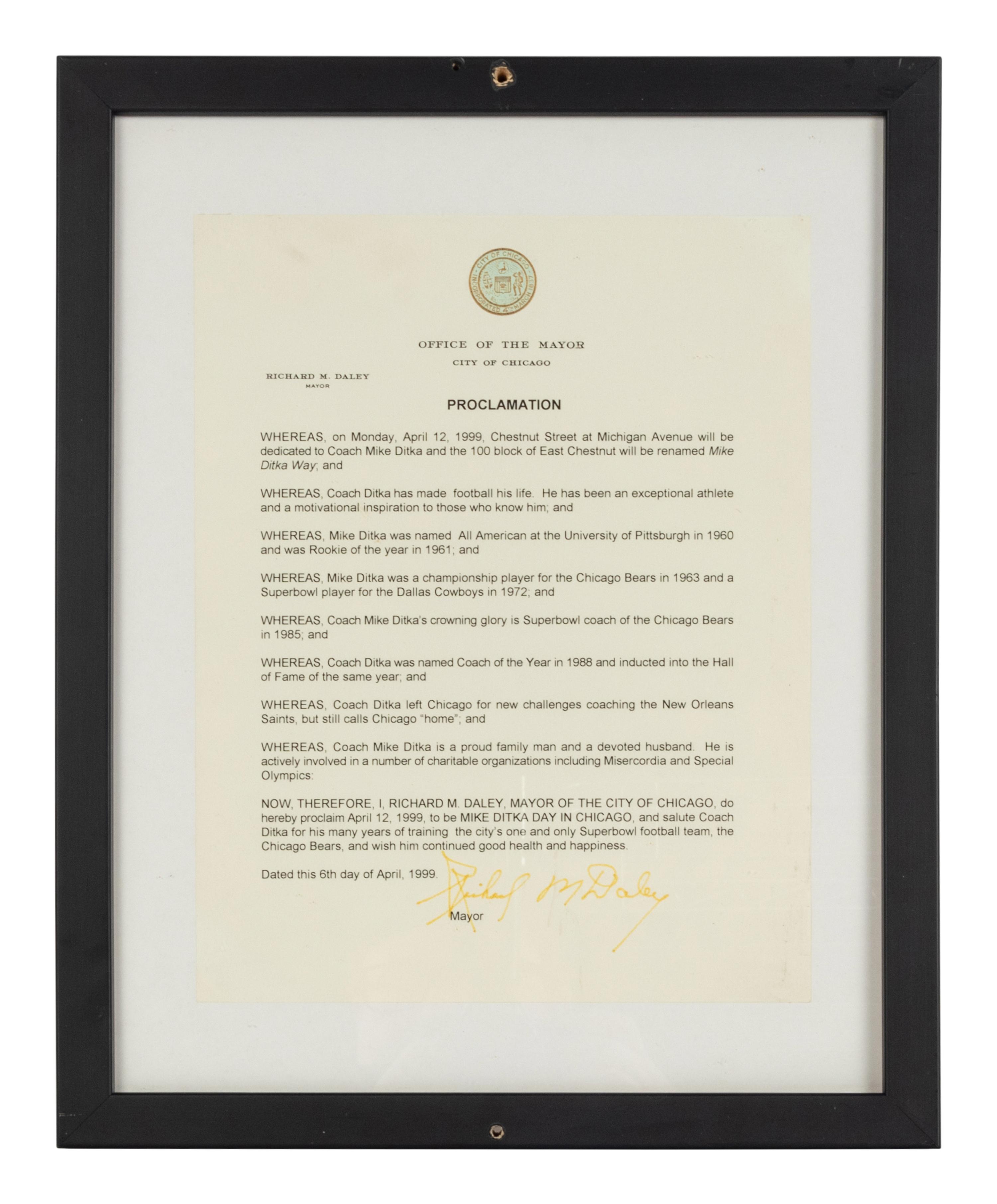 An Iron Mike Ditka Day Proclamation Formerly Displayed at Mike Ditka's Restaurant