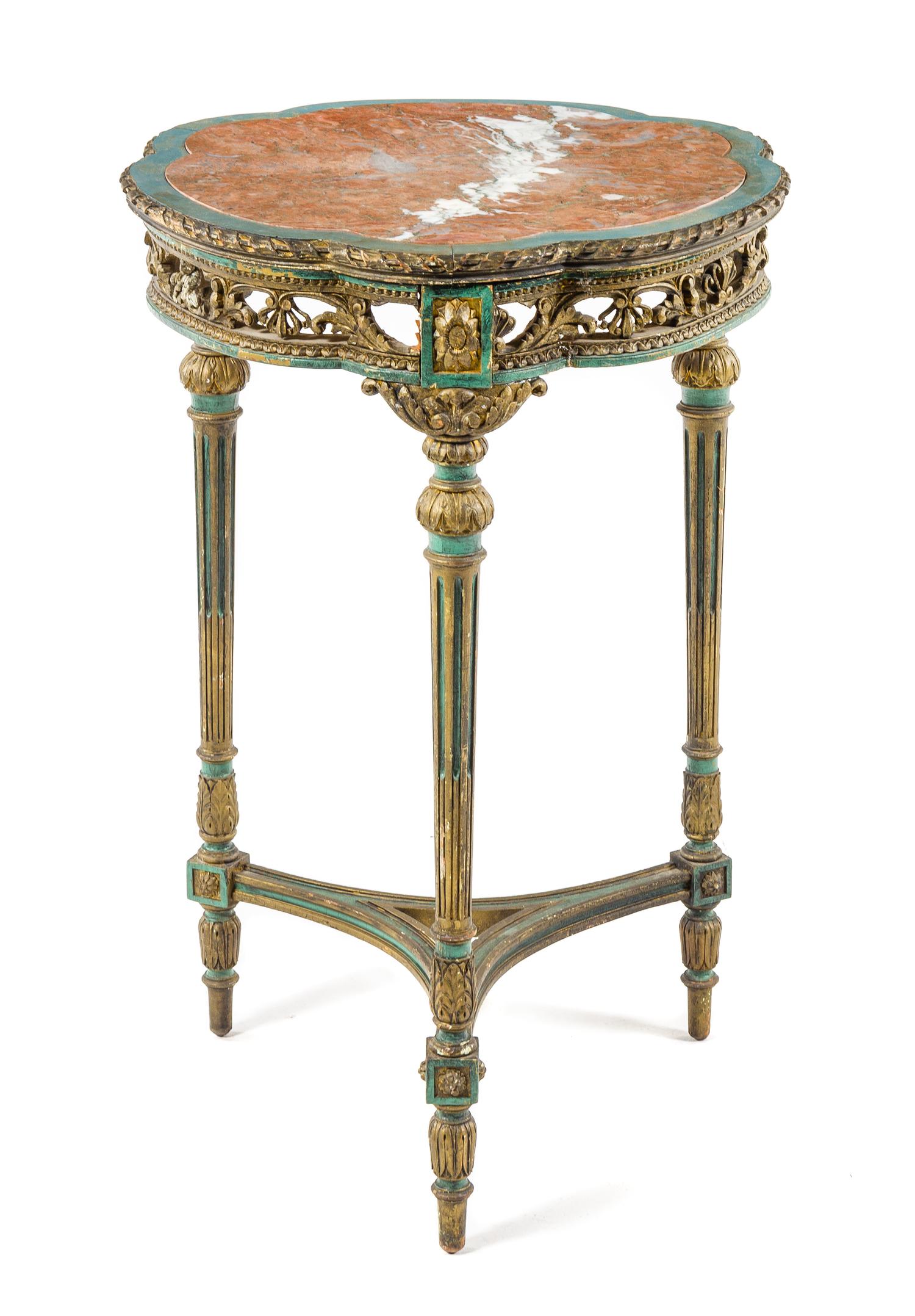 A Louis XVI Style Painted and Parcel Gilt Table Height 29 1/2 x width of top 22 inches. — 20TH CENTURY