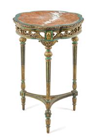 A Louis XVI Style Painted and Parcel Gilt Table Height 29 1/2 x width of top 22 inches. — 20TH CENTURY