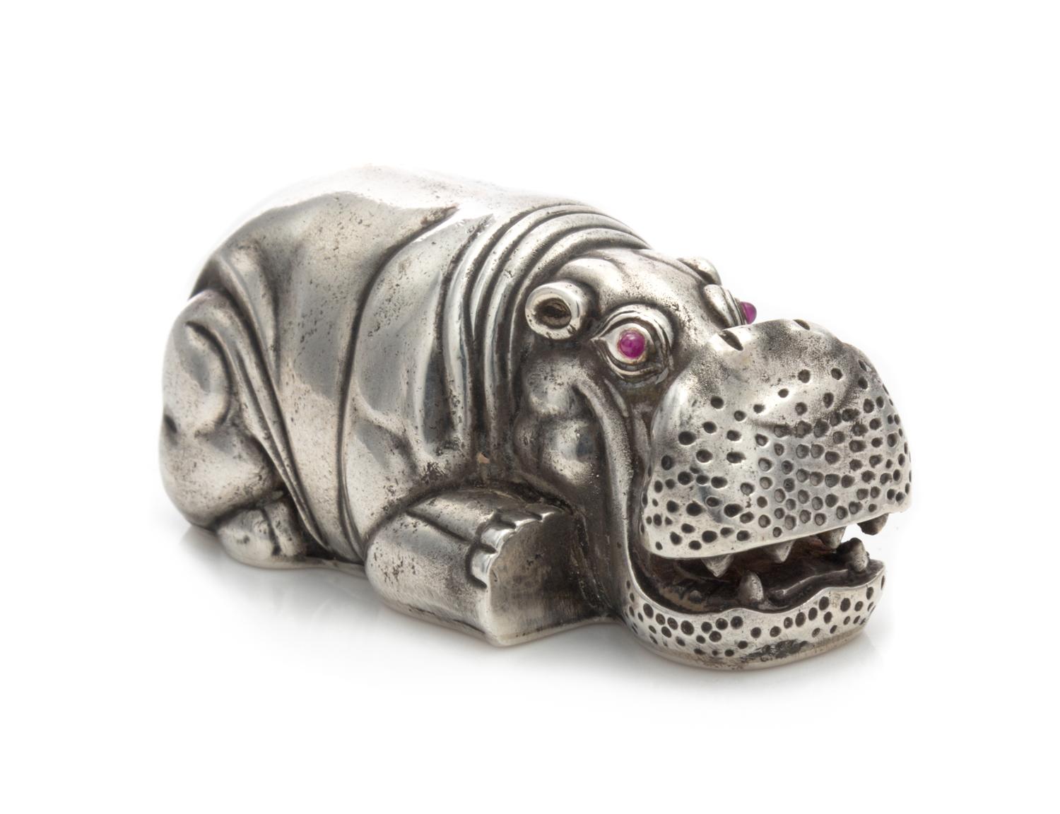 A Russian Silver Hippopotamus, Maker's Mark I.P., 20th Century, with cabochon inset eyes.