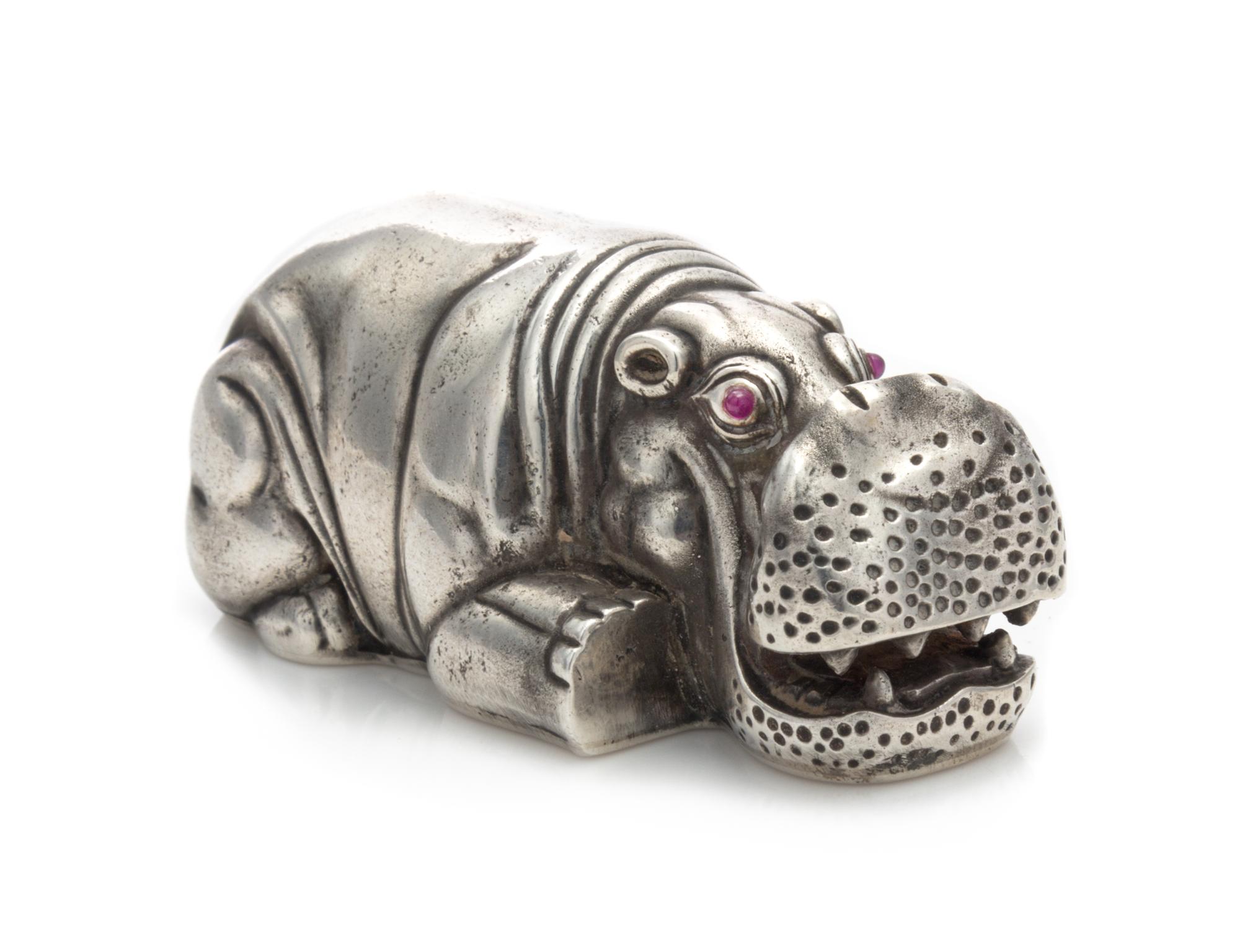 A Russian Silver Hippopotamus, Maker's Mark I.P., 20th Century, with cabochon inset eyes.