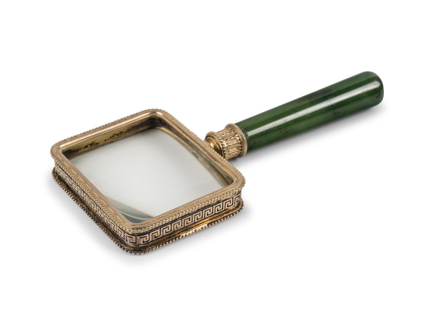 A Fabergé Silver-Gilt and Carved Nephrite Jade Magnifying Glass