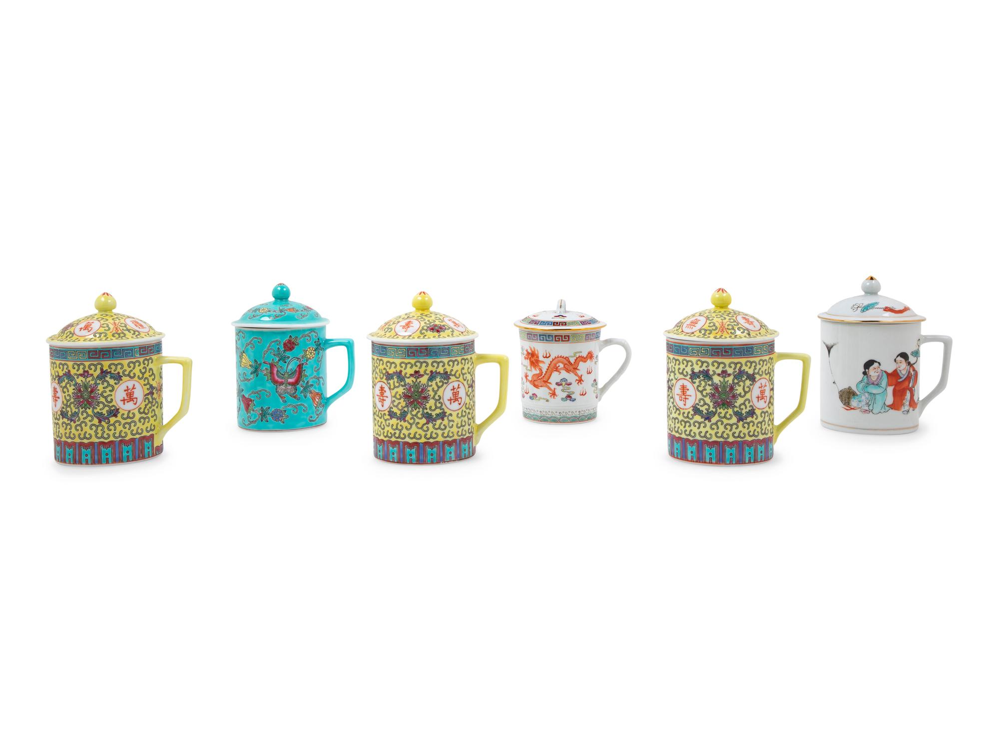 A Group of Six Chinese Famille Rose Porcelain Covered Mugs