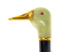 A French 18-Karat Gold, Gemstone and Carved Agate Mounted Walking Stick Length 35 inches. — LATE 19TH/EARLY 20TH CENTURY