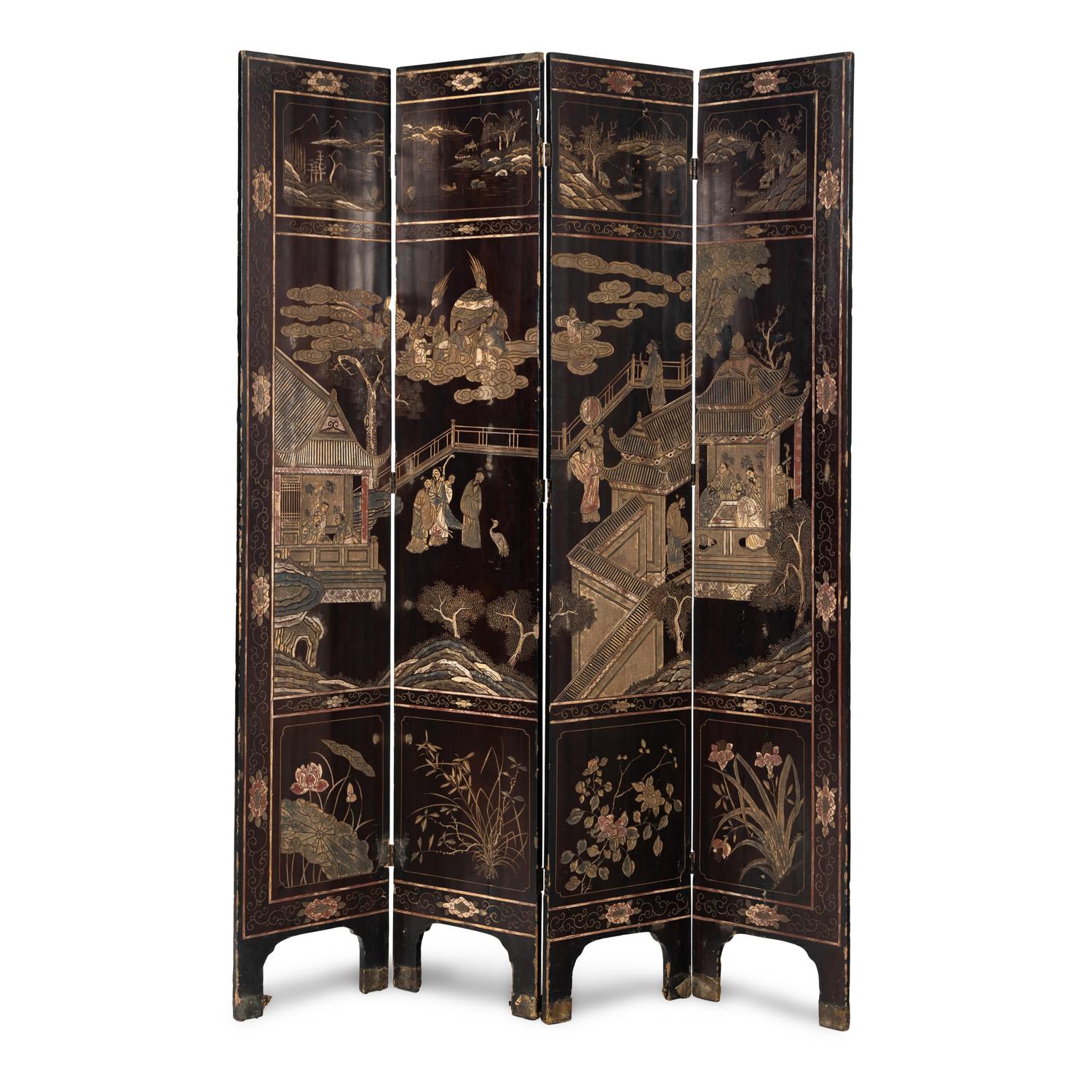 A Chinese Export Lacquer Four-Panel Floor Screen