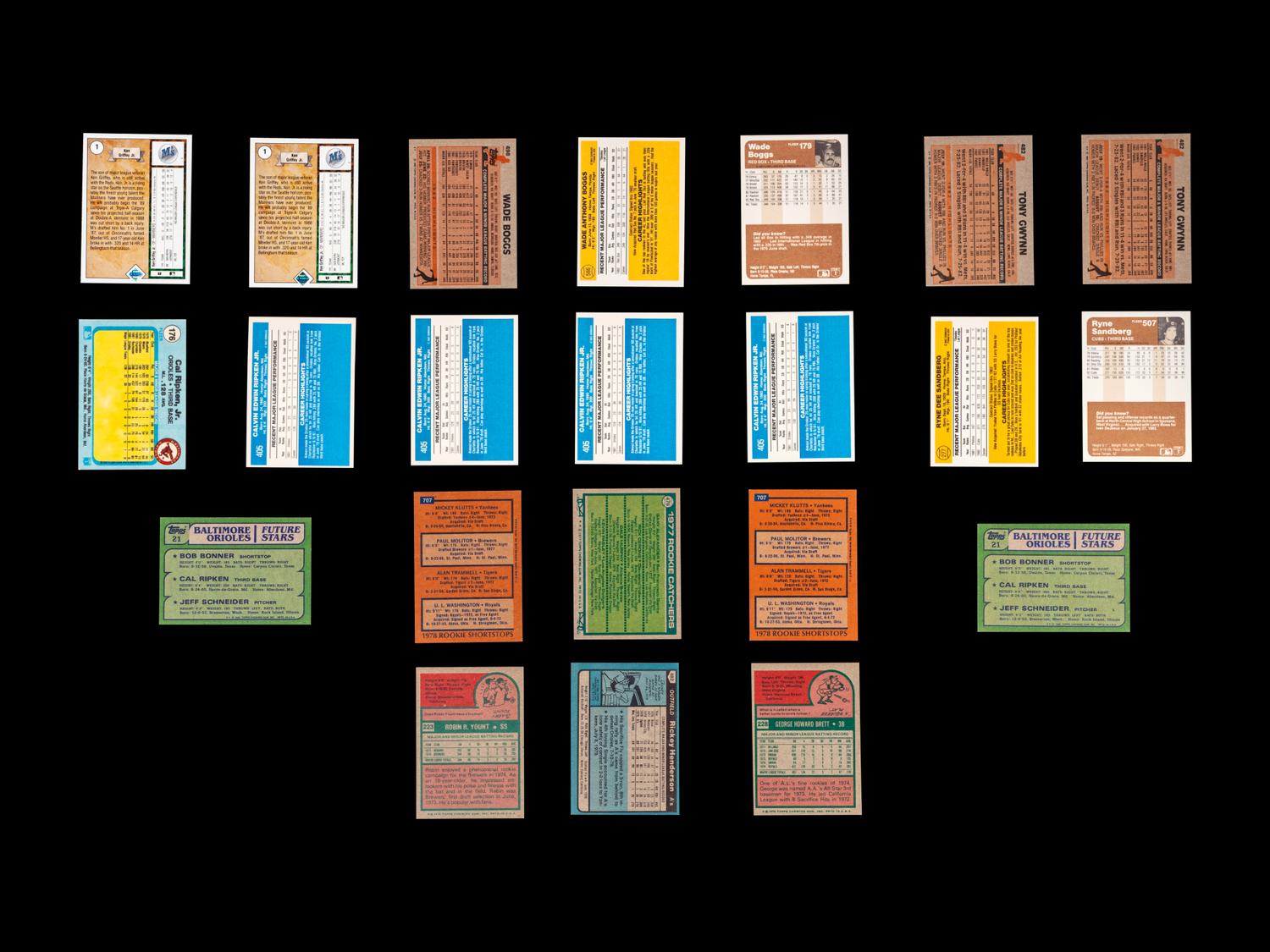 A Group of 22 Hall of Fame and Star Rookie Baseball Cards Including Cal Ripken Jr., Rickey Henderson and Ken Griffey Jr.,