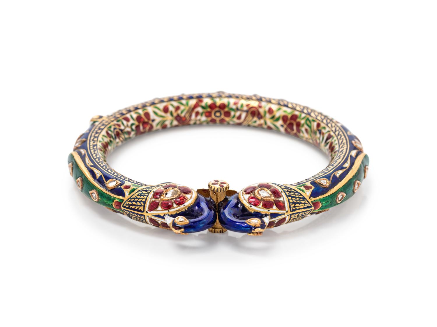 A High Karat Gold Kundan, Diamond and Polychrome Enamel Peacock Bangle Bracelet, Indian,