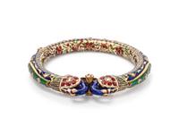 A High Karat Gold Kundan, Diamond and Polychrome Enamel Peacock Bangle Bracelet, Indian,