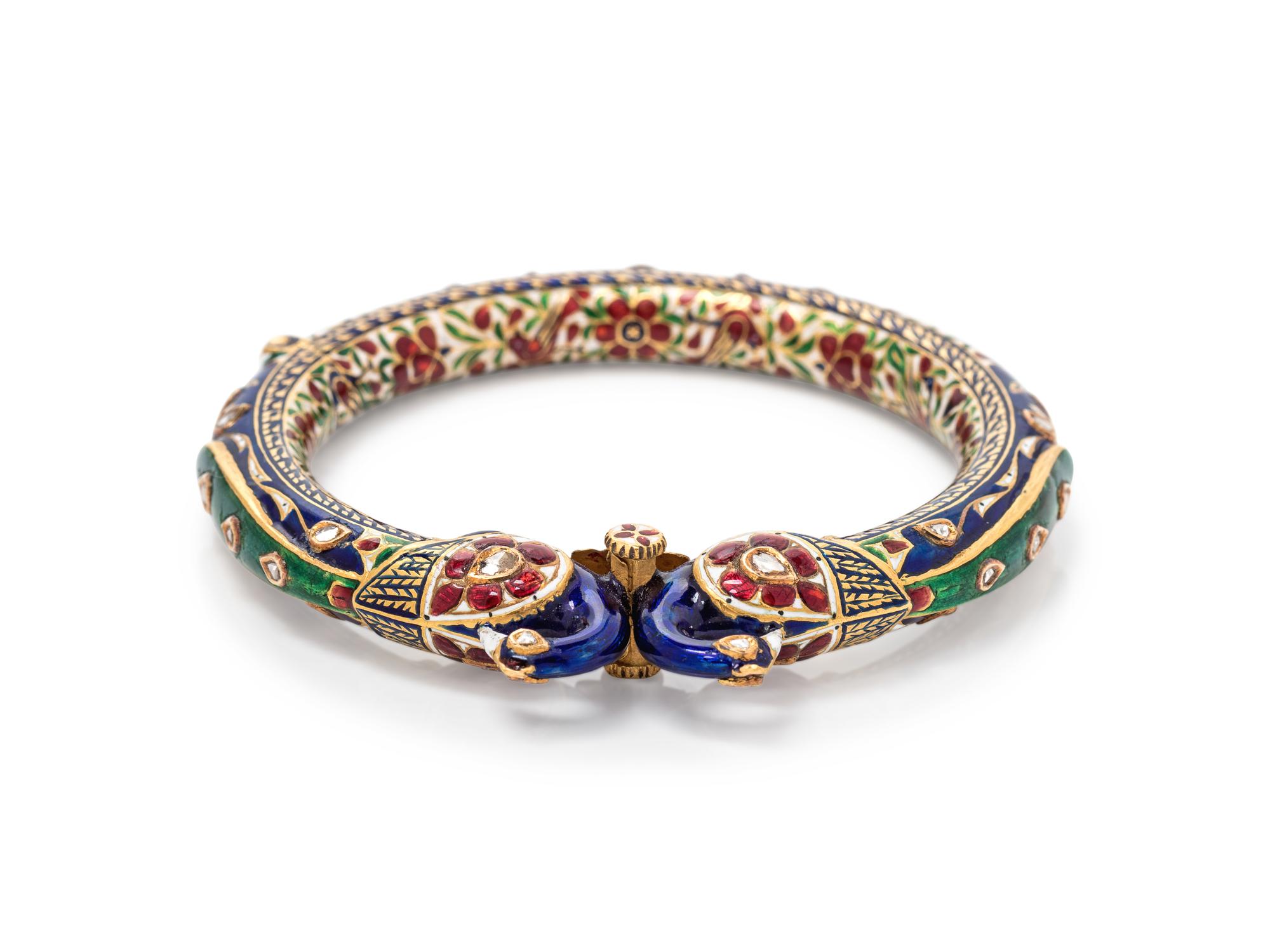 A High Karat Gold Kundan, Diamond and Polychrome Enamel Peacock Bangle Bracelet, Indian,