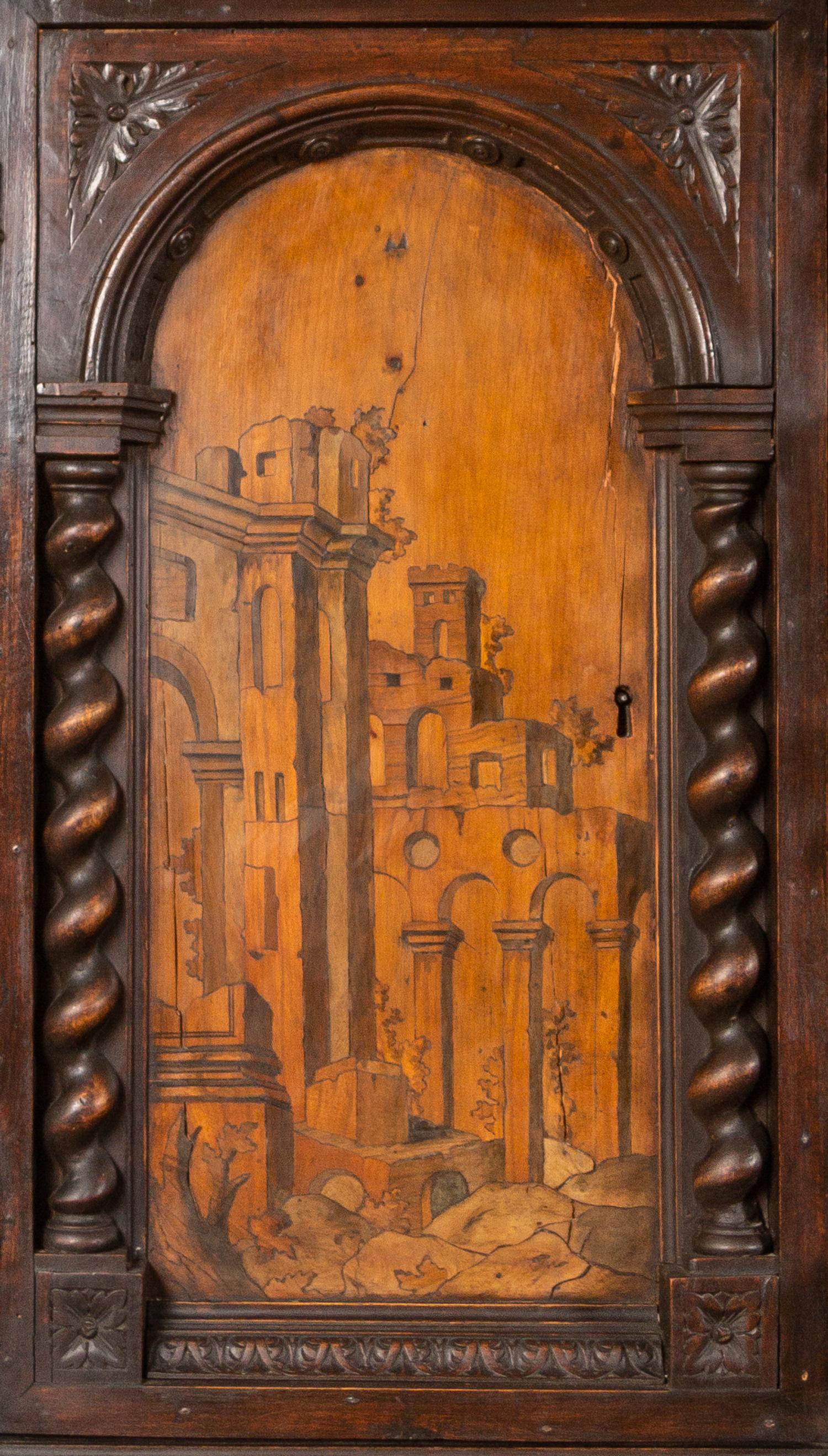 An Italian Baroque Style Carved Walnut and Marquetry Cabinet on Stand