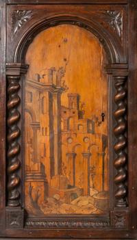An Italian Baroque Style Carved Walnut and Marquetry Cabinet on Stand