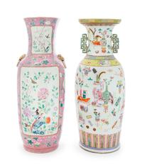 Two Large Famille Rose Porcelain Vases Height of taller 24 1/2 inches. — 19TH CENTURY