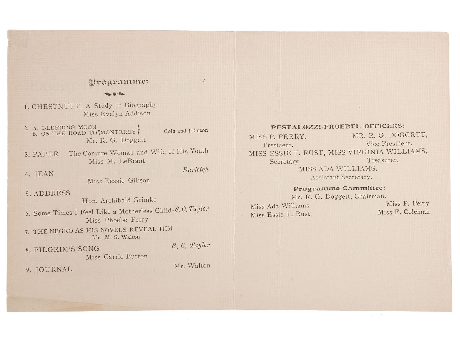[CHESNUTT, Charles (1858-1932)]. A group of 3 items related to Charles Chesnutt, incl. Howard University programs and ALS from Susan V. Chesnutt to head of NAACP Arthur Spingarn.