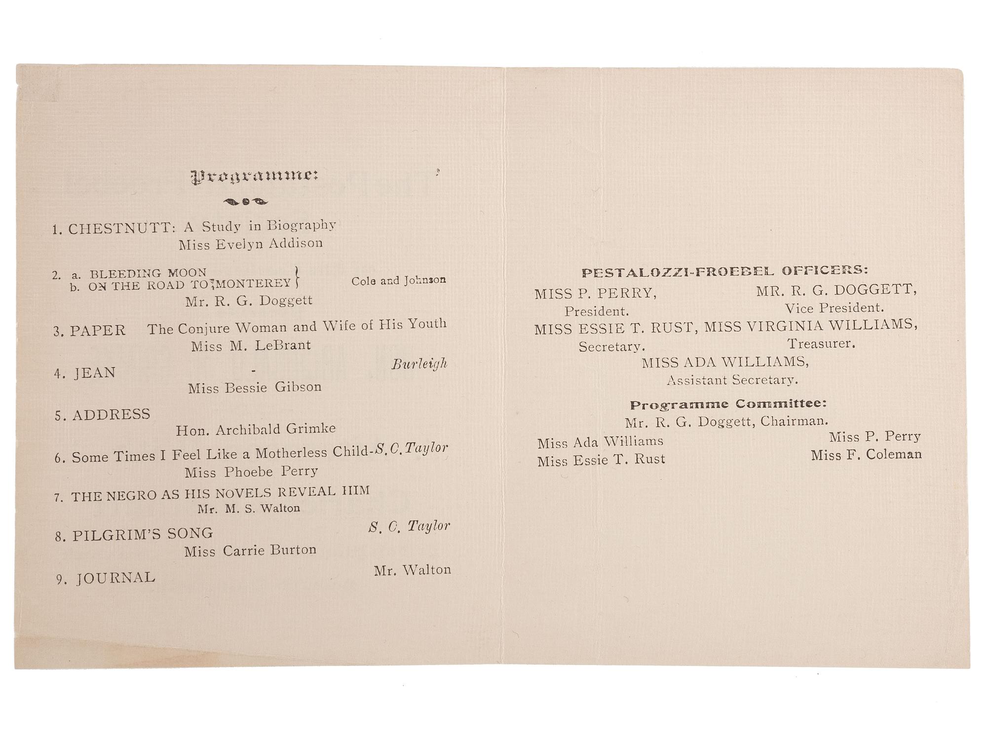 [CHESNUTT, Charles (1858-1932)]. A group of 3 items related to Charles Chesnutt, incl. Howard University programs and ALS from Susan V. Chesnutt to head of NAACP Arthur Spingarn.
