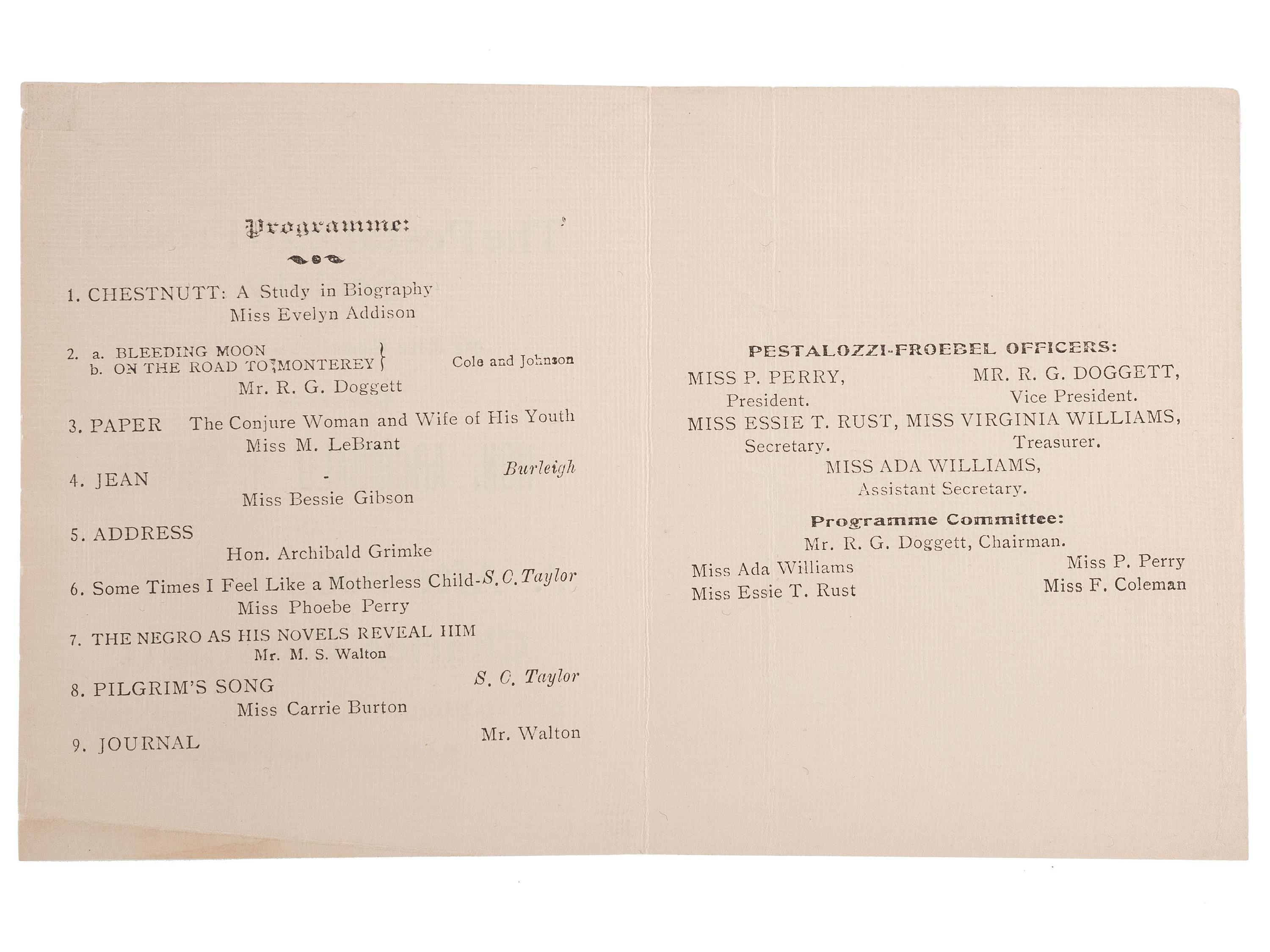 [CHESNUTT, Charles (1858-1932)]. A group of 3 items related to Charles Chesnutt, incl. Howard University programs and ALS from Susan V. Chesnutt to head of NAACP Arthur Spingarn.