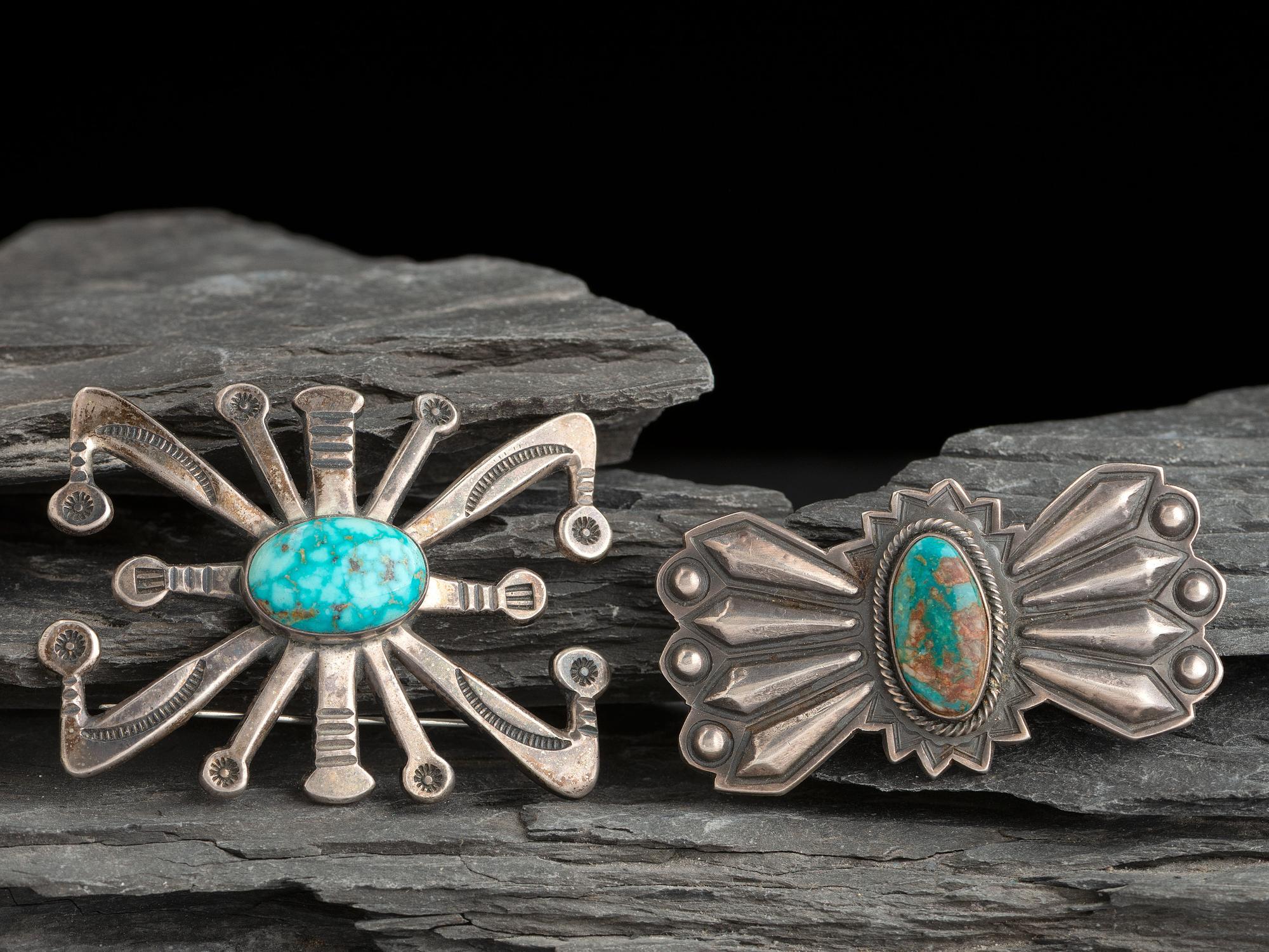 Pair of Silver and Turquoise Pins/Brooches