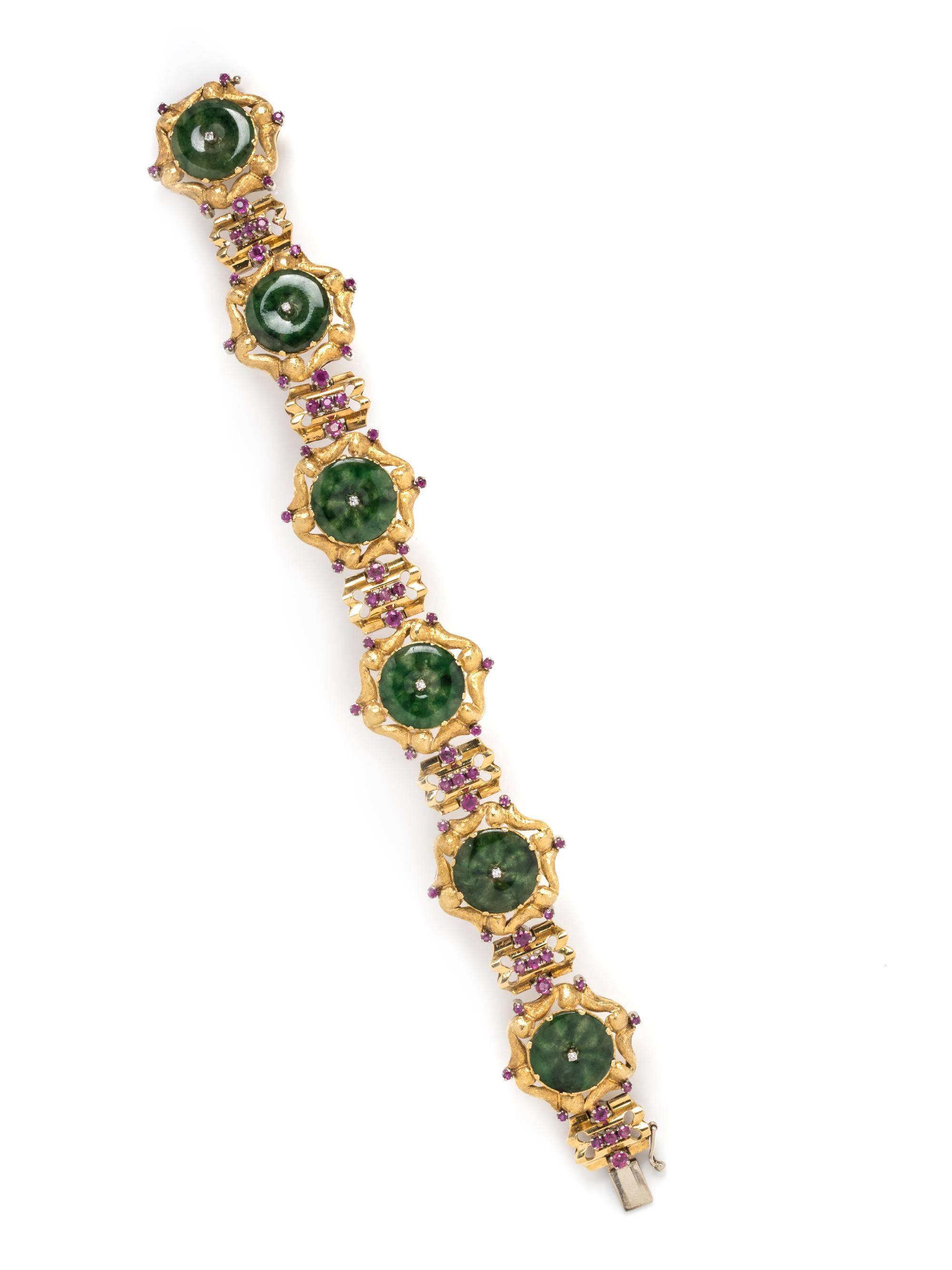 YELLOW GOLD, JADE, RUBY AND DIAMOND BRACELET