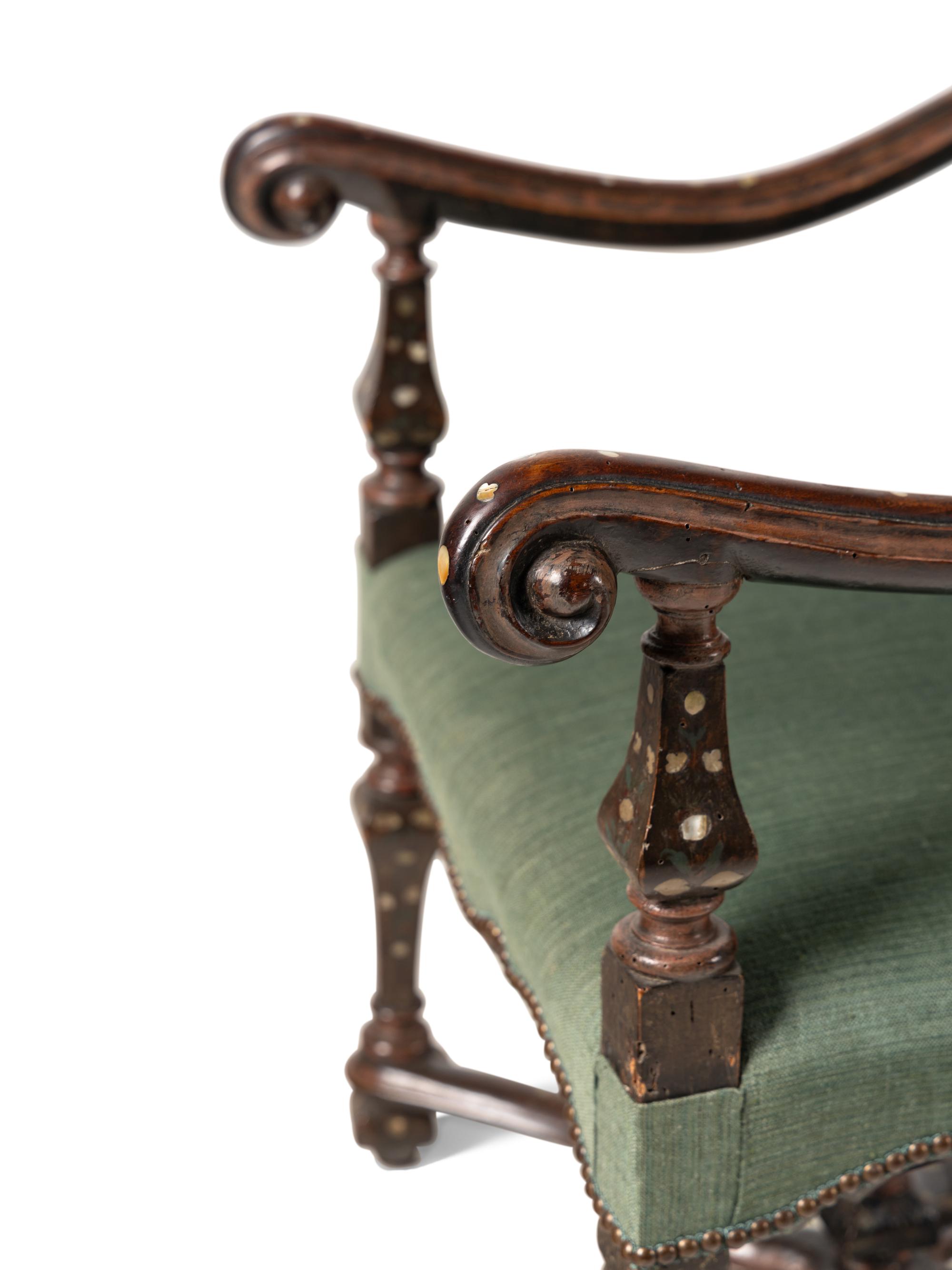 A Pair of Louis XIV Walnut and Shell-Inlaid Fauteuils