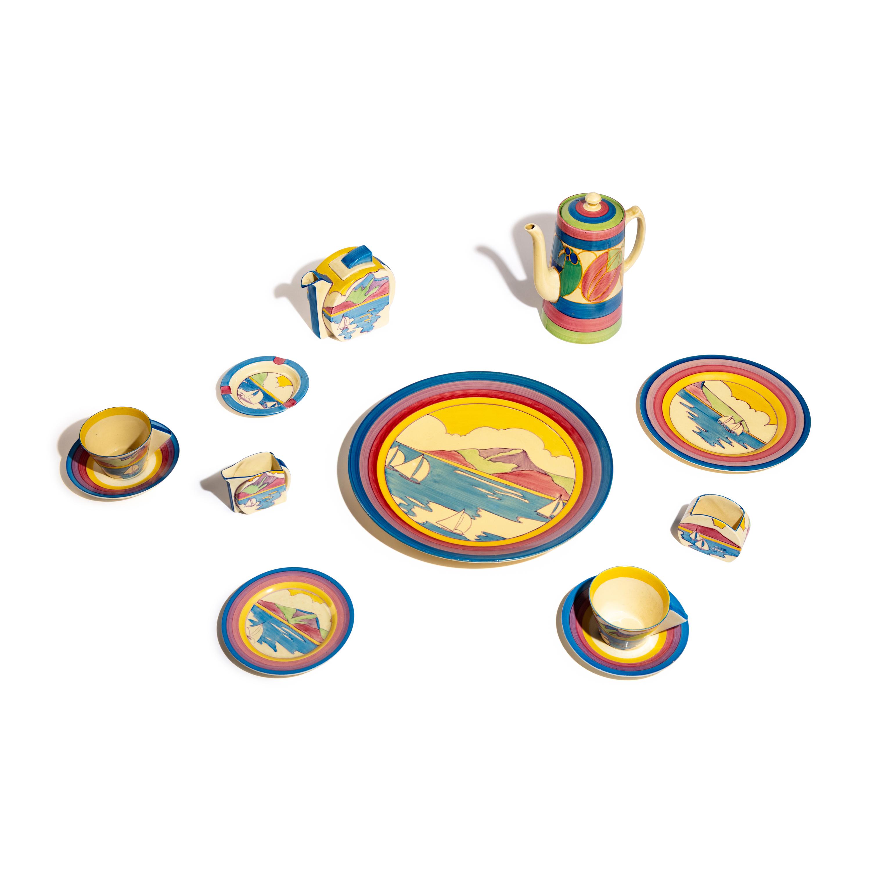 Clarice Cliff (English, 1899–1972) — Gibraltar pattern , 9 pieces and one Melon pattern Coffee Tankard