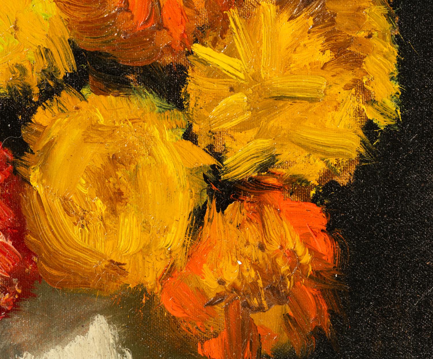 Cornflowers in a Gray Jar on Brown Surface Against a Black Background