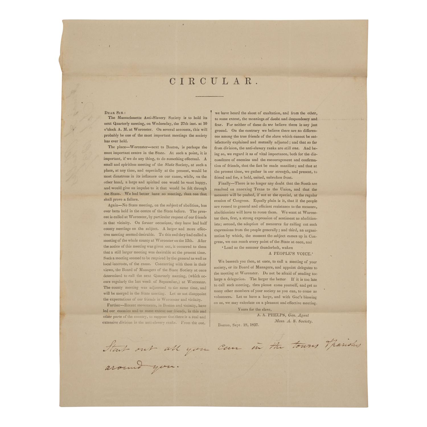 [African-Americana] Phelps, Amos A. Printed Circular of the Massachusetts Anti-Slavery Society
