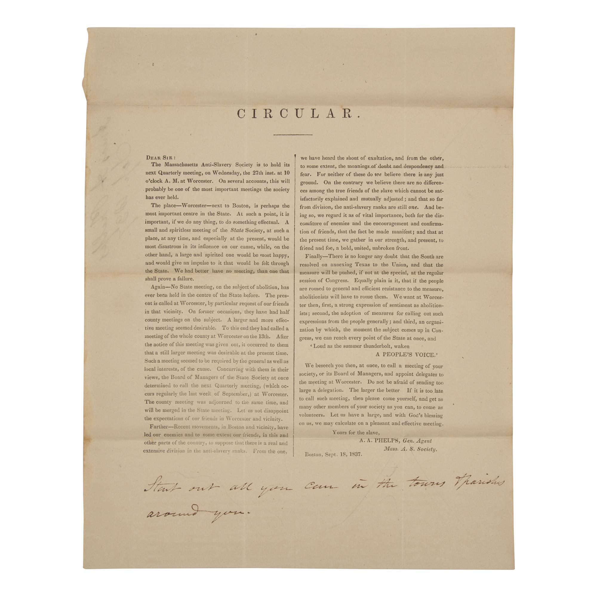 [African-Americana] Phelps, Amos A. Printed Circular of the Massachusetts Anti-Slavery Society