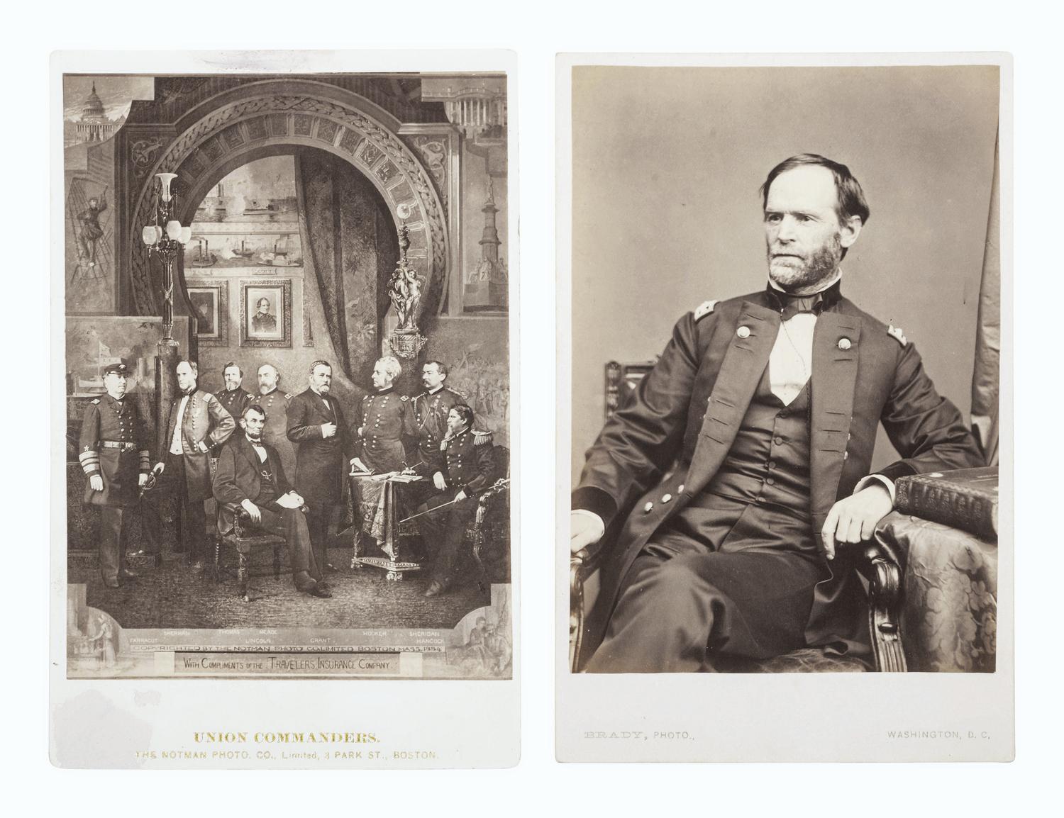 [CIVIL WAR]. 2 cabinet cards, incl. unpublished portrait of W.T. Sherman by Brady, Washington, DC.