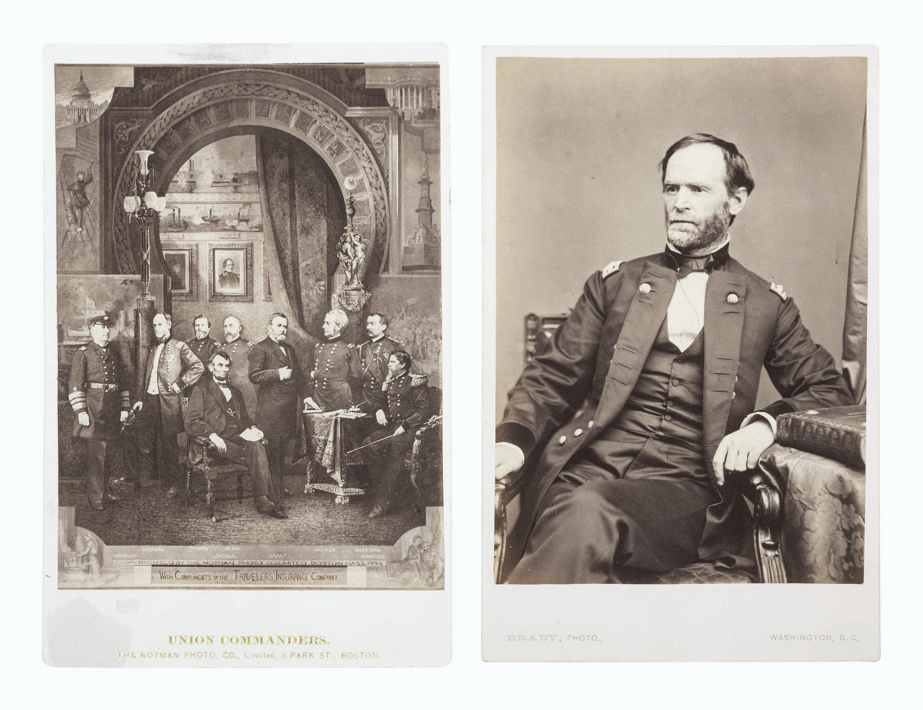 [CIVIL WAR]. 2 cabinet cards, incl. unpublished portrait of W.T. Sherman by Brady, Washington, DC.