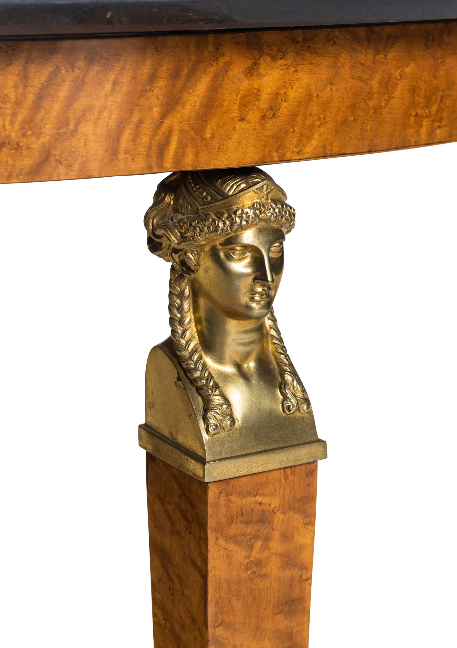 A Large Empire Style Gilt Bronze Mounted Figured Maple Marble-Top Gueridon