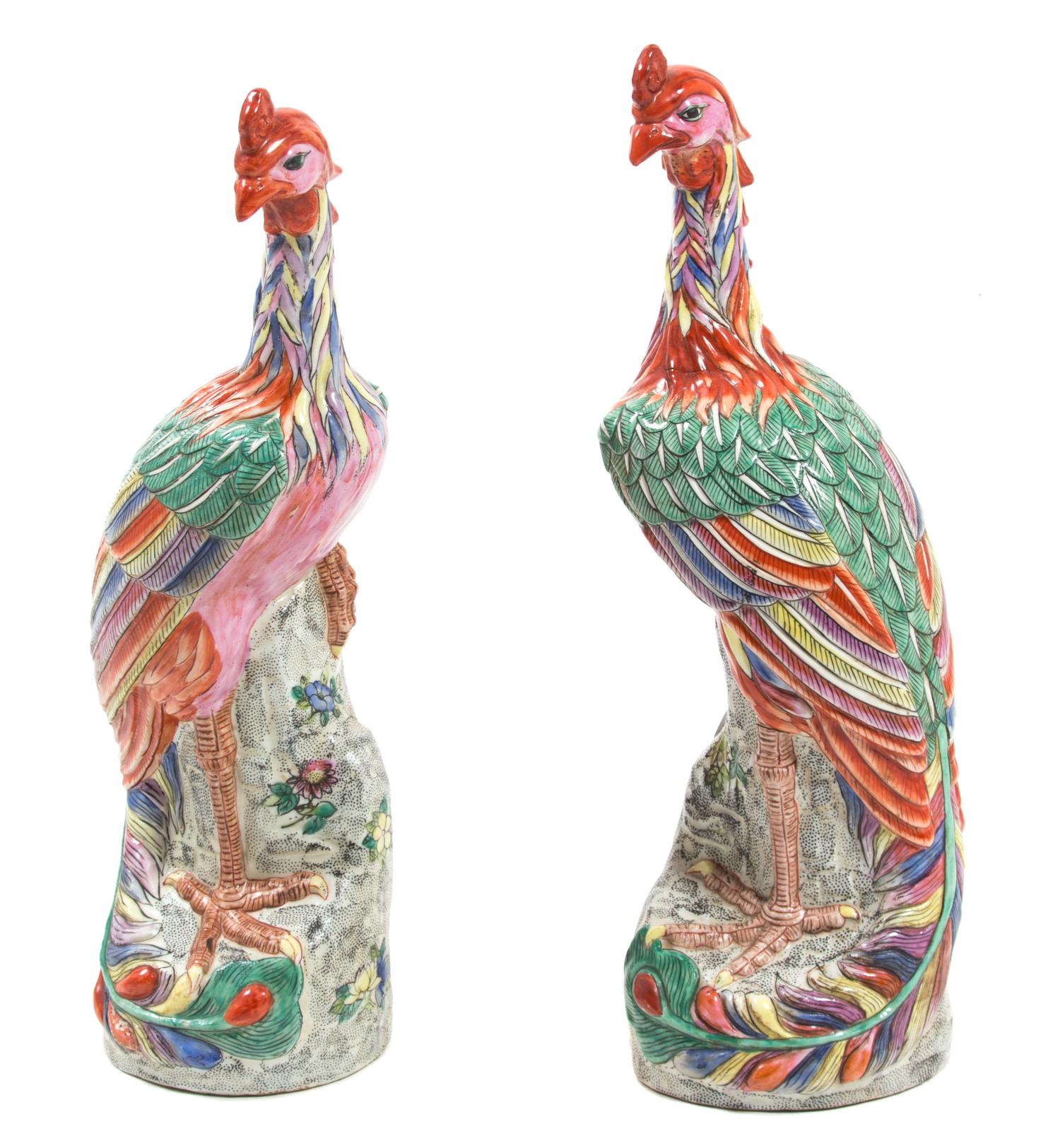 A Pair of Chinese Painted Porcelain Models of Phoenix Birds Height 18 1/2 inches. — 20TH CENTURY