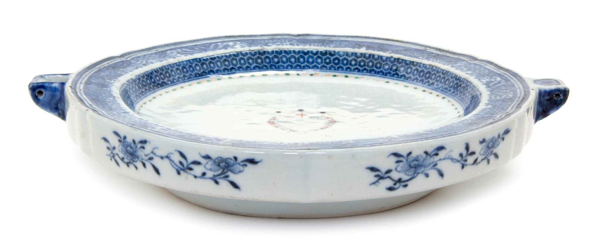 A Chinese Export Porcelain Blue and White Armorial Warming Tray Width 11 inches.