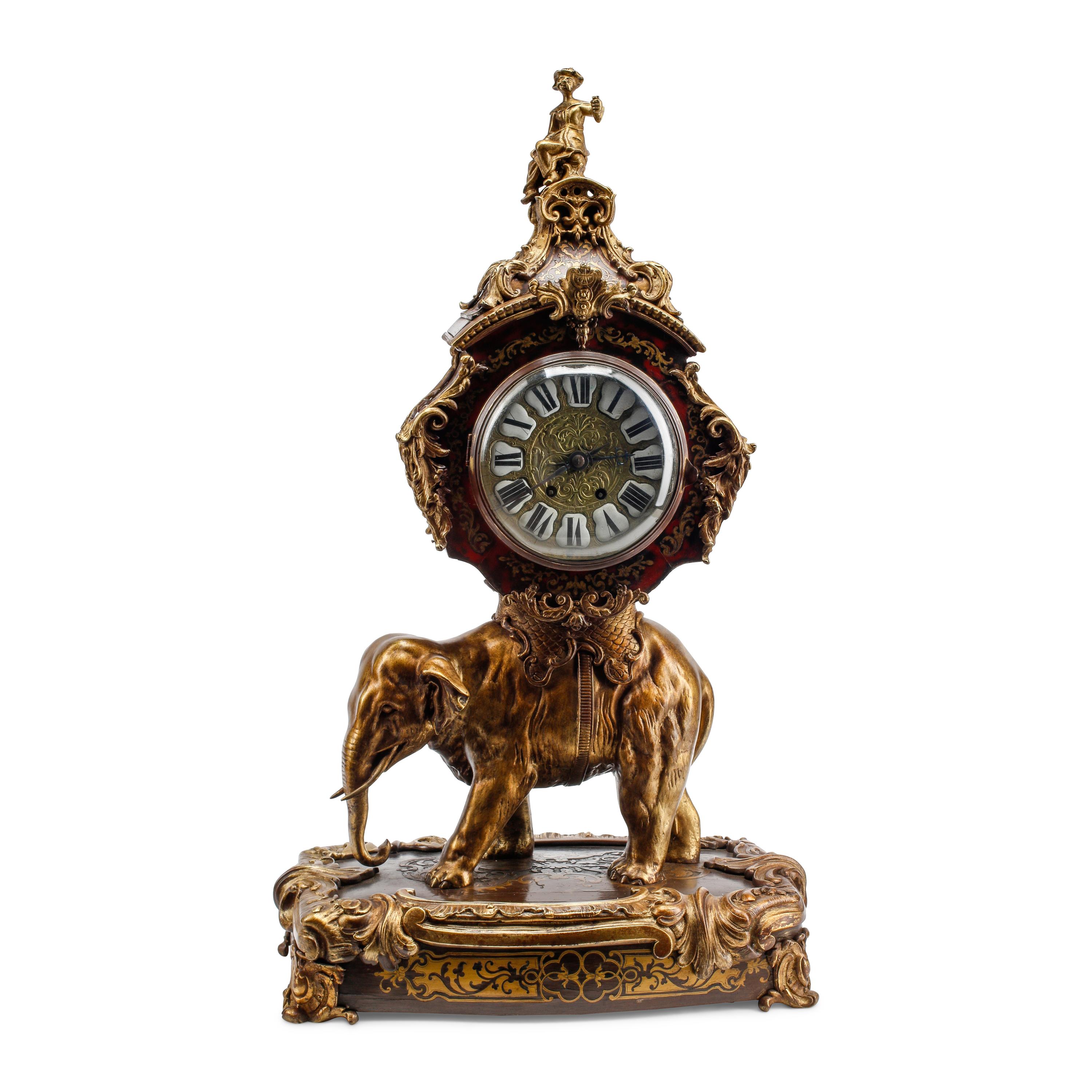 A Large French Bronze and Boulle Marquetry Elephant-Motif Clock