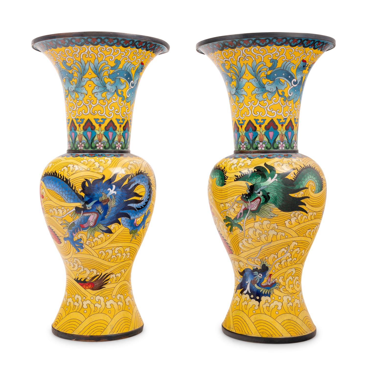 Seven Large Chinese Yellow Ground Cloisonné Enameled Vases