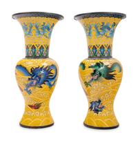 Seven Large Chinese Yellow Ground Cloisonné Enameled Vases