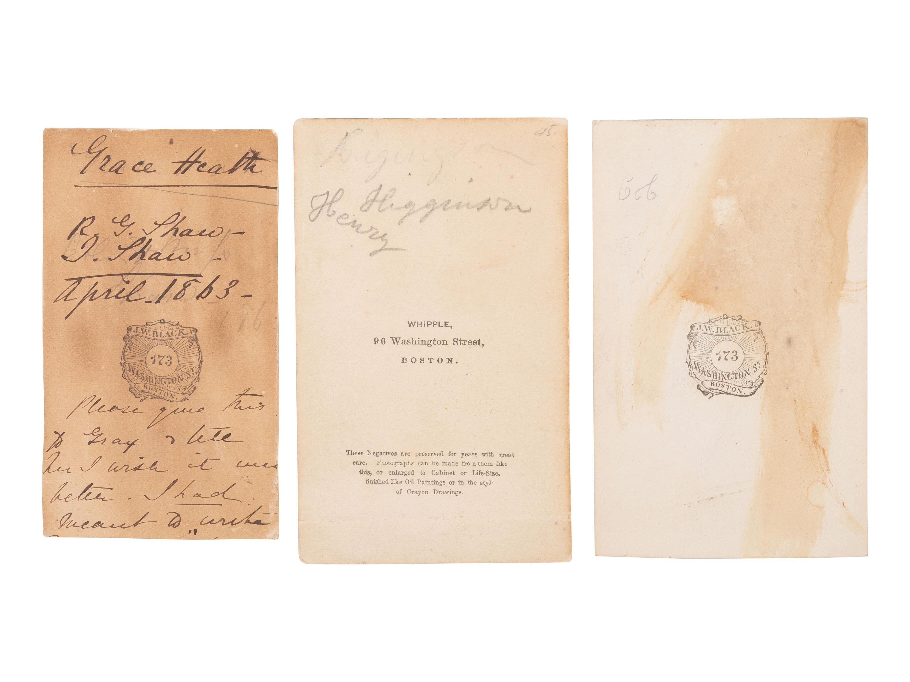 [CIVIL WAR]. A trio of CDV albums identified to the Heath, Higginson, and Shaw families of Massachusetts, highlighted by cartes de visite of Col. Robert Gould Shaw, 54th Massachusetts African American Infantry, his sisters, and other officers.