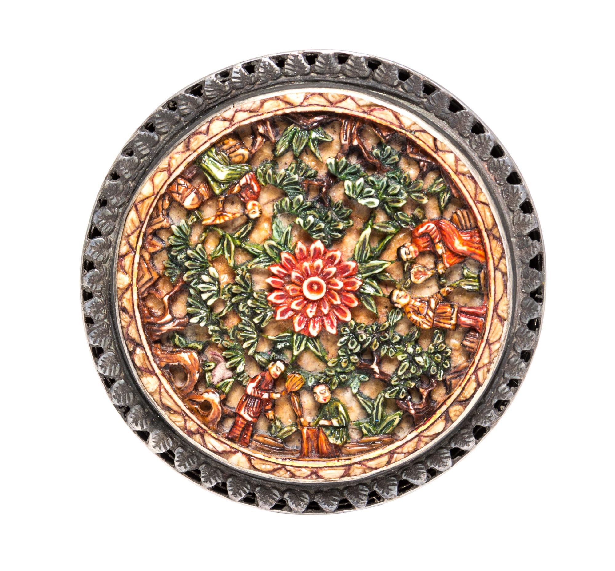 A Chinese Cast Metal Box, Early 20th Century, of circular form with carved floral decoration.