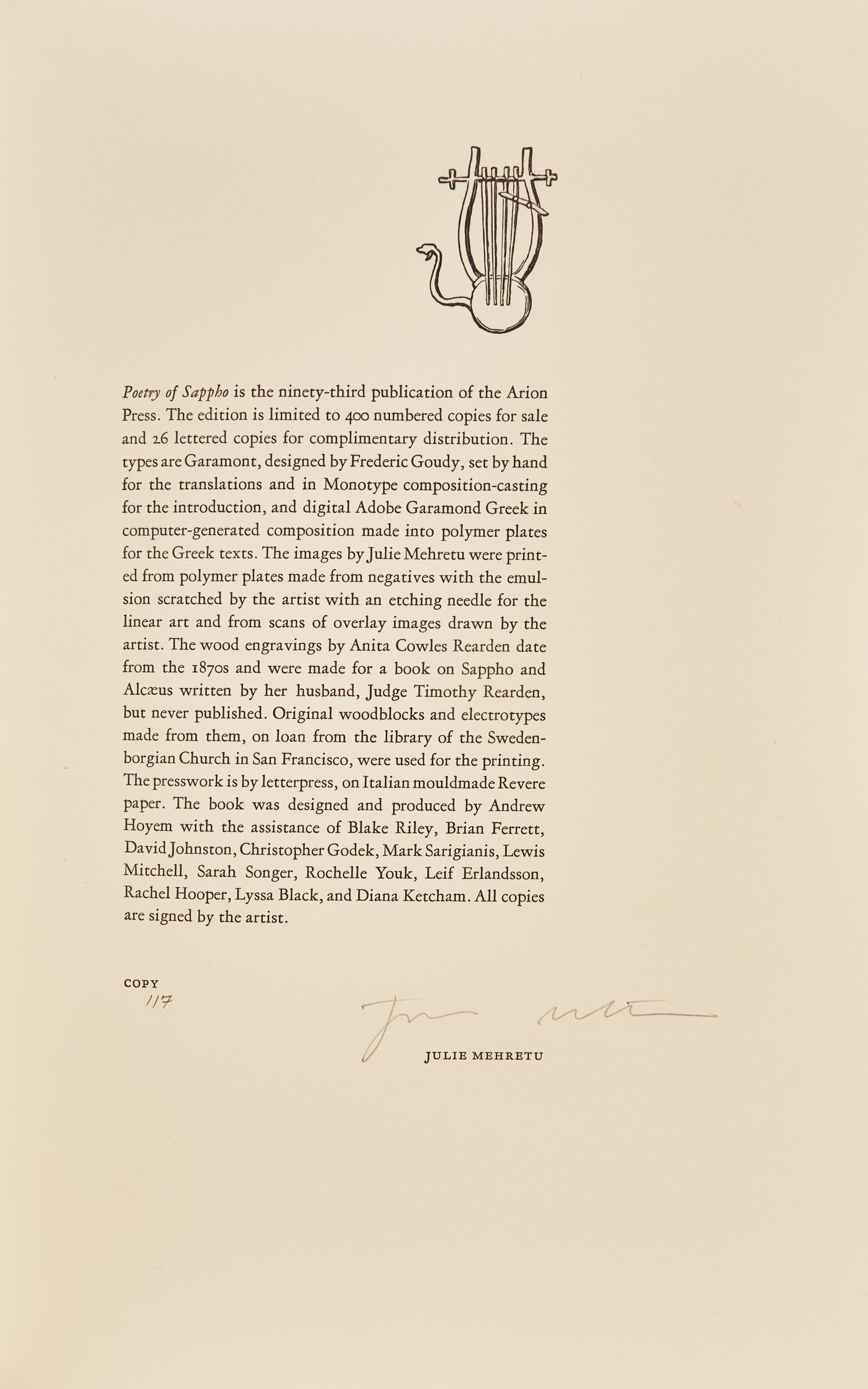 [Arion Press] [Mehretu, Julie] Poetry of Sappho