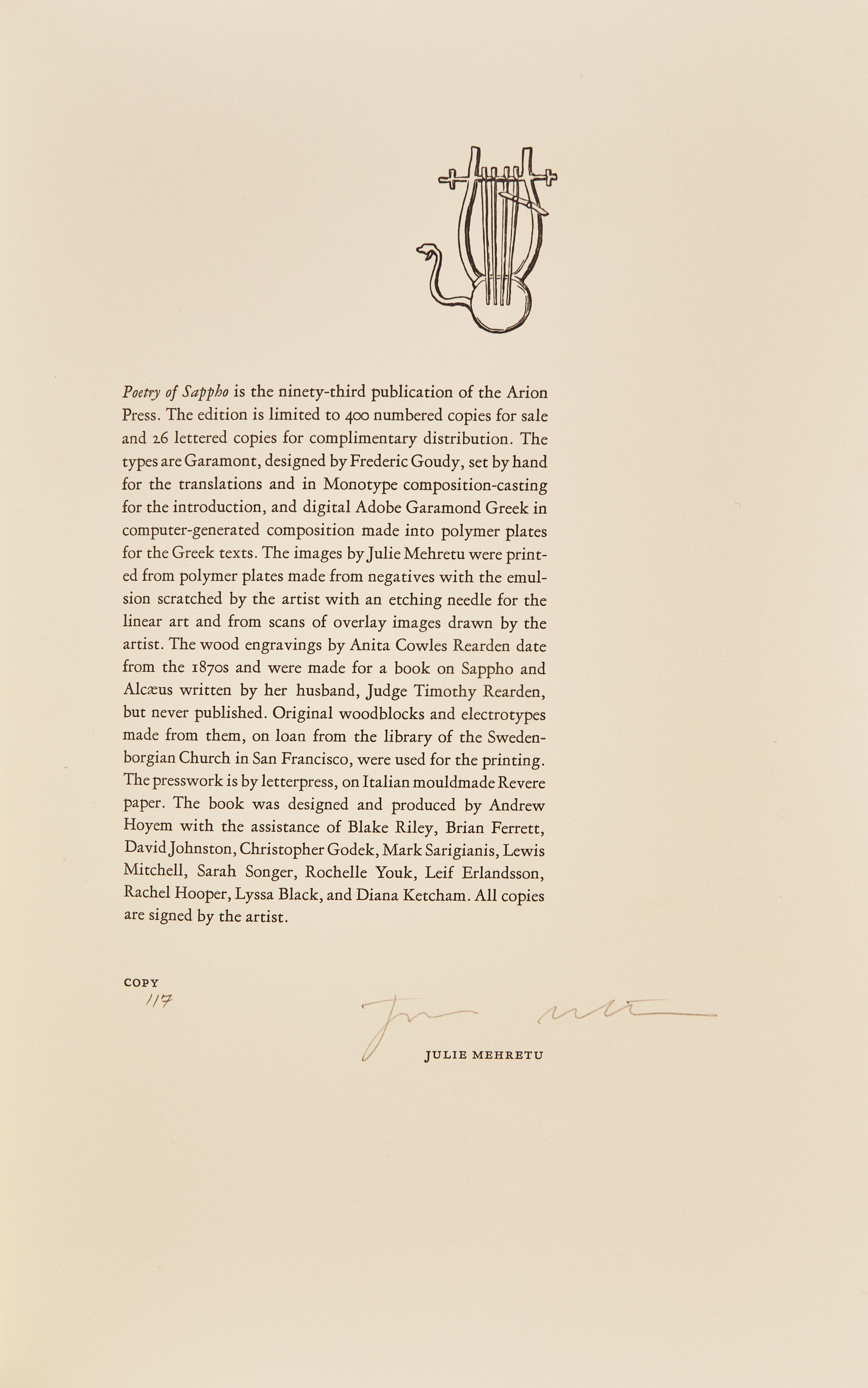 [Arion Press] [Mehretu, Julie] Poetry of Sappho