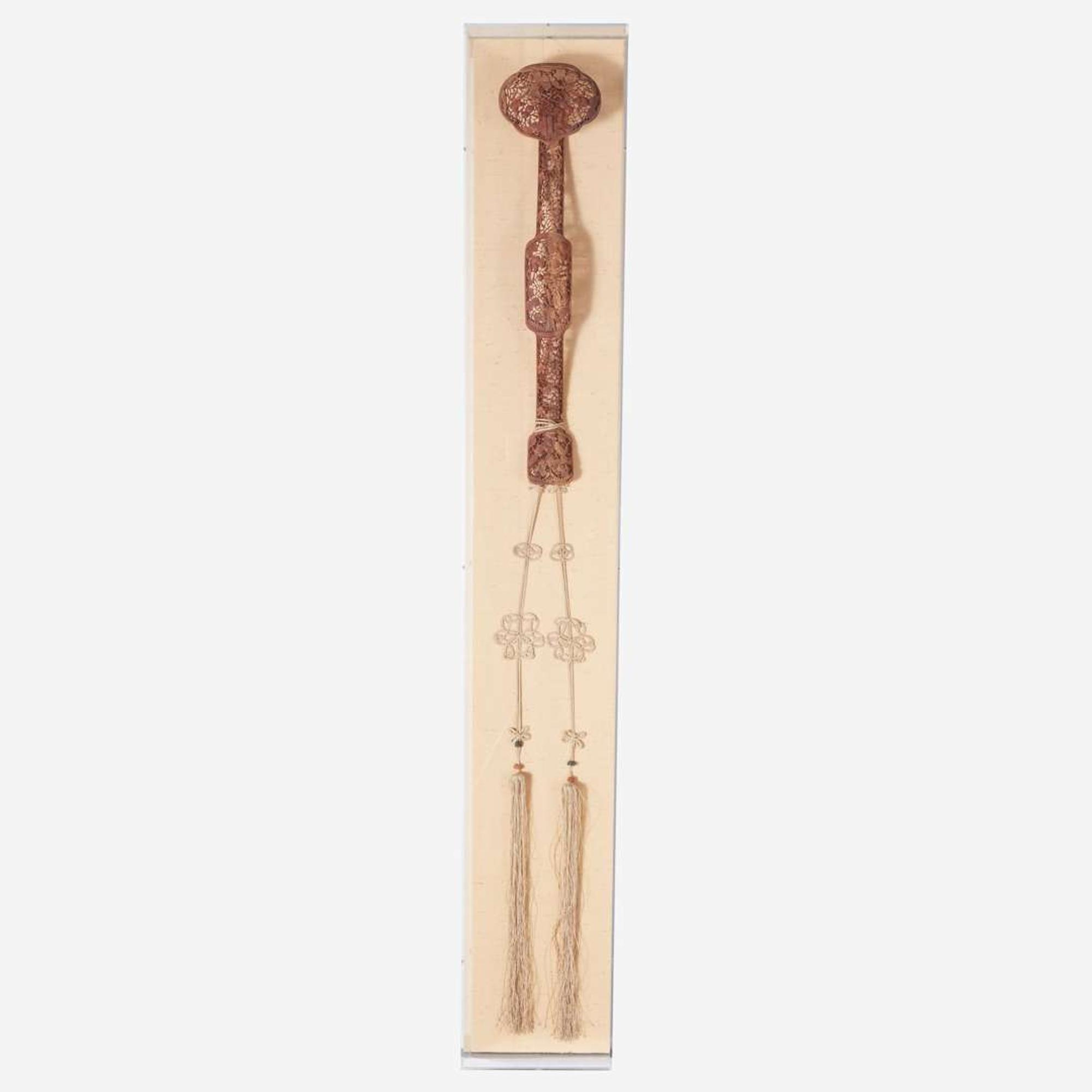 A large Chinese carved wood openwork ruyi scepter 镂空木雕如意