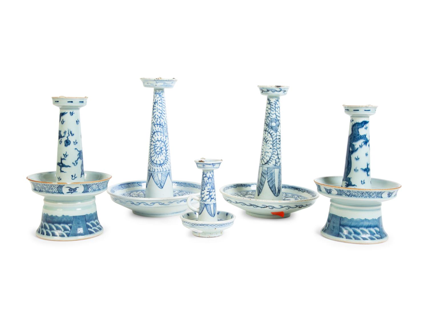 A Group of Five Chinese Blue and White Porcelain Candle Holders — 19TH CENTURY